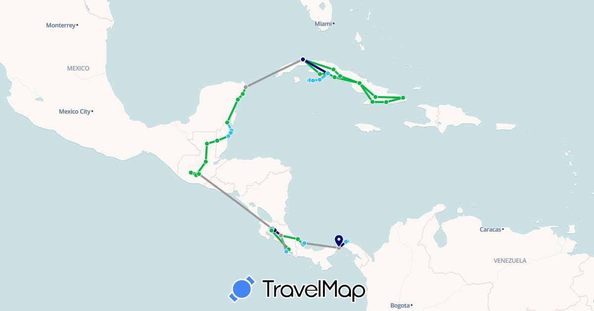 TravelMap itinerary: driving, bus, plane, boat in Belize, Costa Rica, Cuba, Guatemala, Mexico, Panama (North America)
