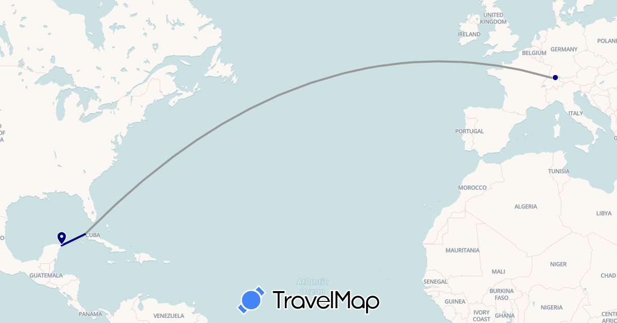 TravelMap itinerary: driving, plane in Switzerland, Cuba, Mexico (Europe, North America)
